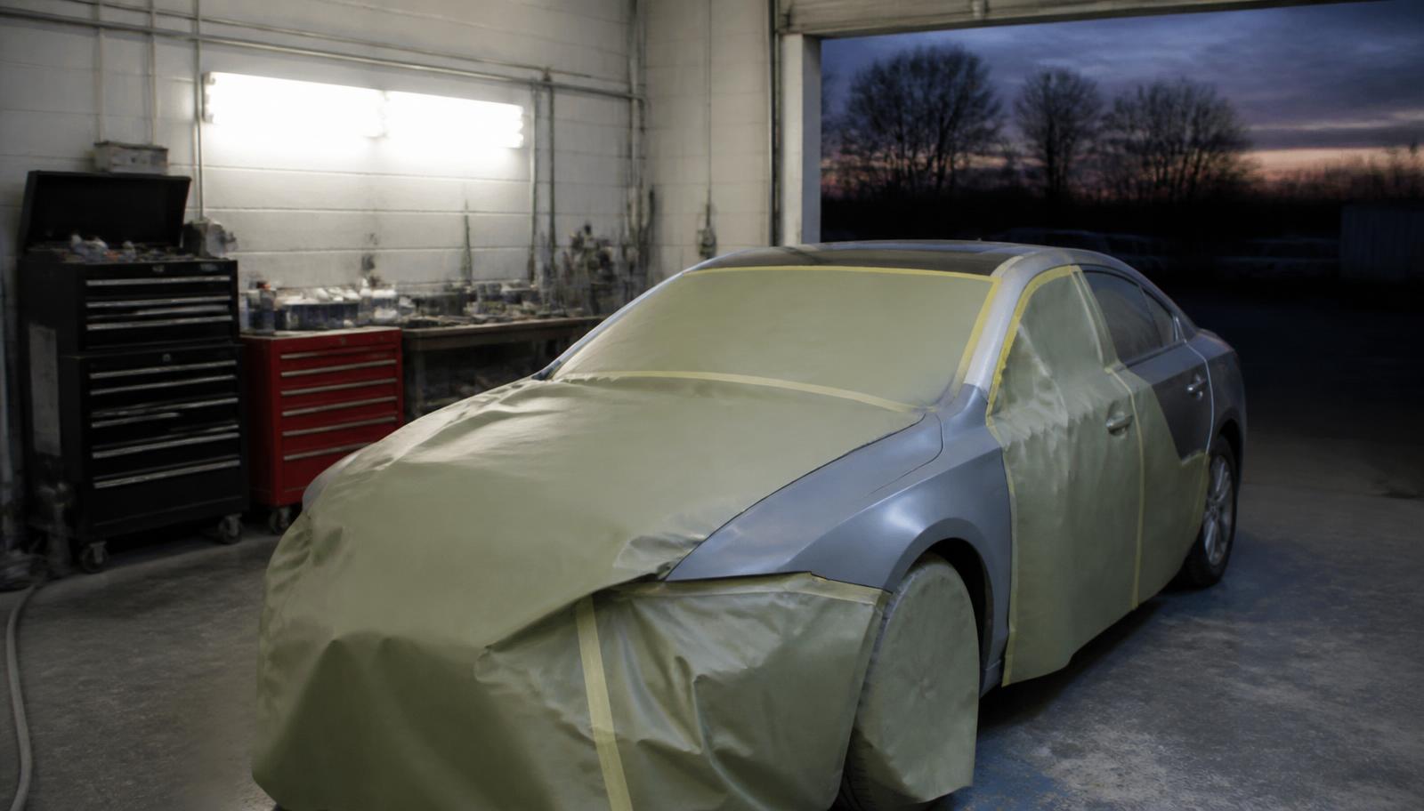 A masked sedan in the bay at Paint Perfections Unlimited in Troy, ready for primer