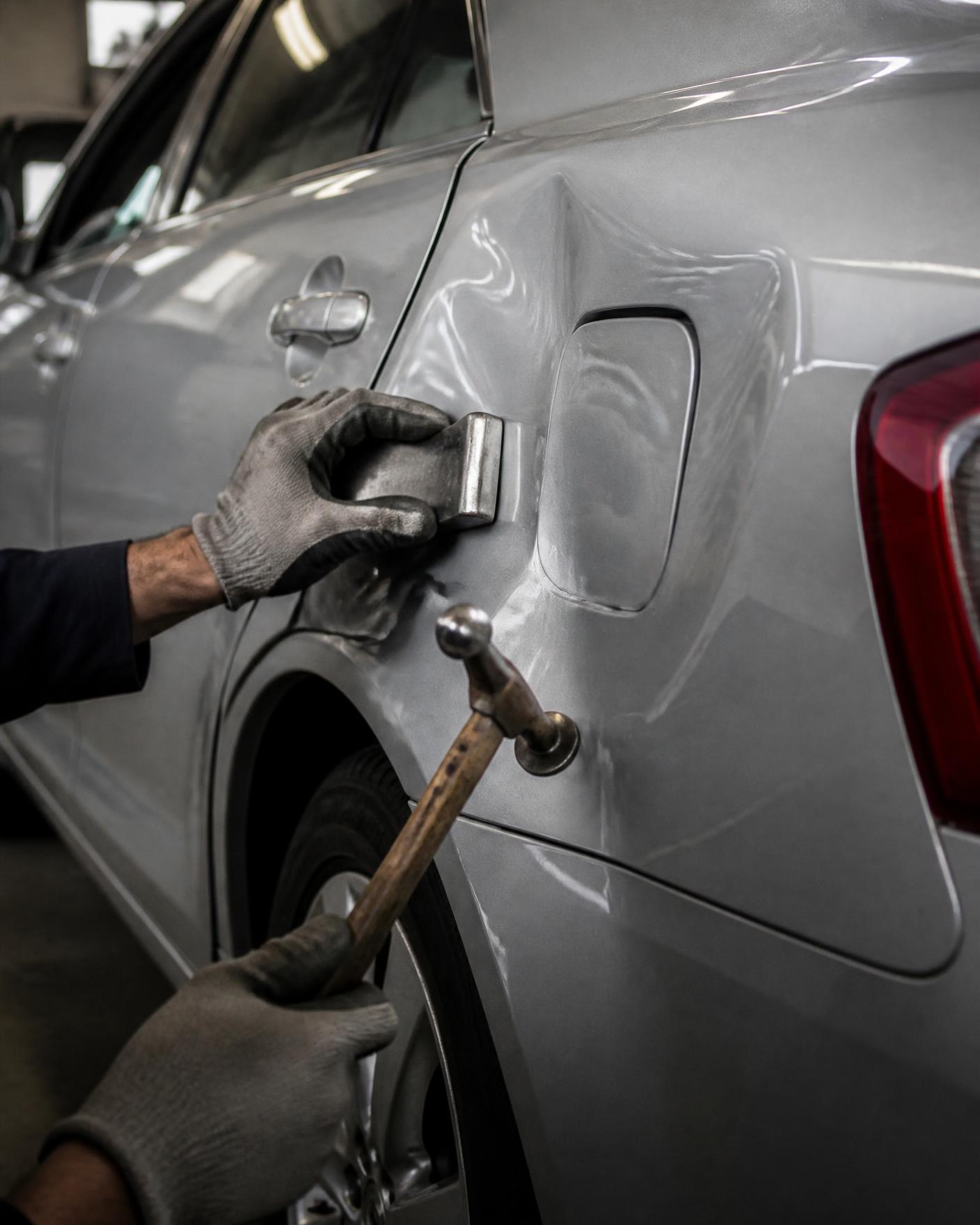 A body technician working a creased rear quarter panel with a hammer and dolly