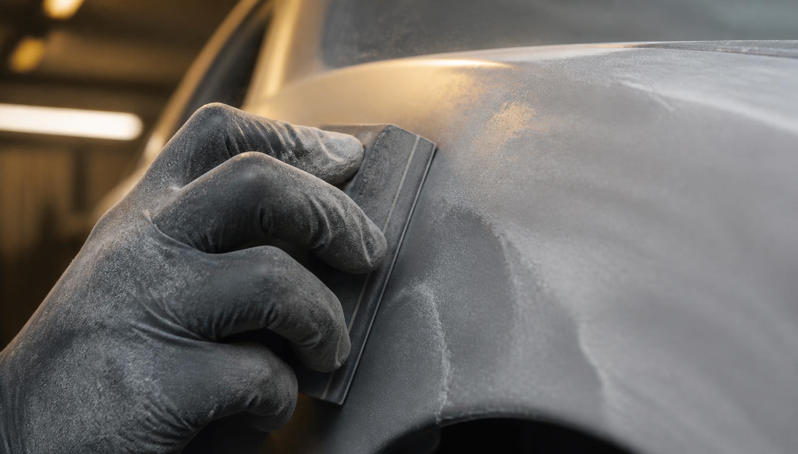 A gloved hand block sanding a primered fender smooth before paint