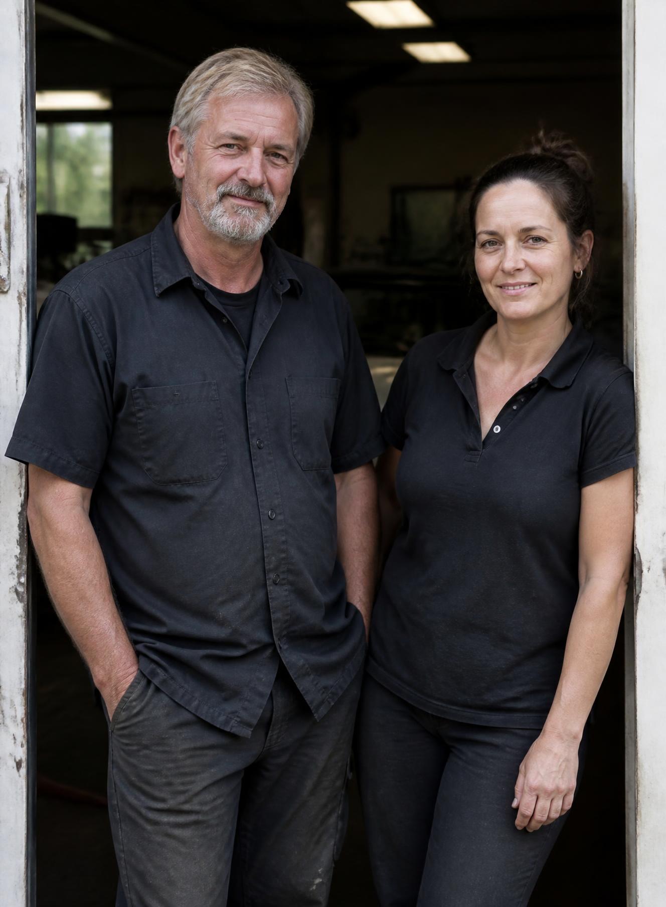 Two technicians from Paint Perfections Unlimited standing in the shop in work shirts